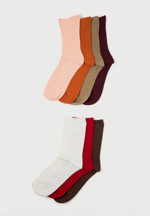 Kuus paari sokke eri säravate värvidega: roosa, oranž, beež, pruun, burgundia, valge ja punane. Ühtlane soonikutega tekstuur.