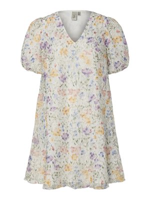 Floral short-sleeve dress with a V-neck, featuring pastel-colored flowers on a white background, lightweight fabric, and a relaxed fit.