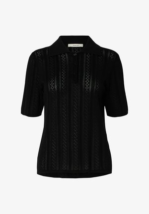 Tricou polo negru cu mâneci scurte din tricot, cu guler, fante cu nasturi și modele geometrice verticale decupate.