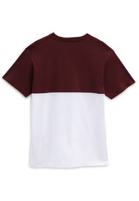 Tílko s krátkým rukávem s burgundskou vrchní částí a bílou spodní částí, vyrobené z hladkého materiálu s designem kulatého výstřihu.