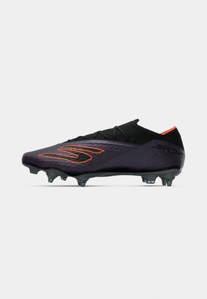 Black soccer cleat with a textured upper, vibrant orange accents, low profile, and six plastic studs for traction on grass.