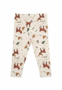 Katoenen leggings met een beige achtergrond en een speels patroon van bruine dieren, bloemen en sterren, afgewerkt met een snug fit.