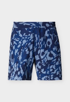 Moške atletske kratke hlače temno modre barve z abstraktnim svetlomodrim vzorcem kamuflaže in elastičnim pasom.
