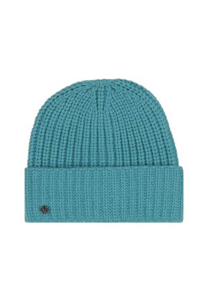 Gorro de punto color turquesa con el dobladillo vuelto, con una textura acanalada y un pequeño logotipo metálico en el lateral.
