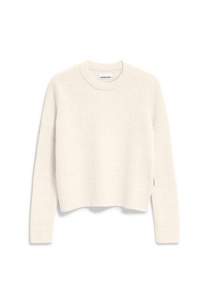 Off-white gebreide trui met een ronde hals, geribbelde manchetten en zoom, een gestructureerd patroon door het hele kledingstuk en een cropped pasvorm. Etiket zichtbaar aan de binnenkant van de hals.