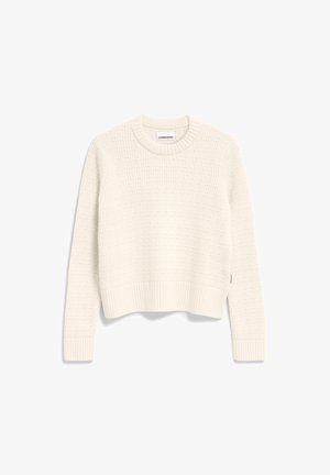 Off-white gebreide trui met een ronde hals, geribbelde manchetten en zoom, een gestructureerd patroon door het hele kledingstuk en een cropped pasvorm. Etiket zichtbaar aan de binnenkant van de hals.