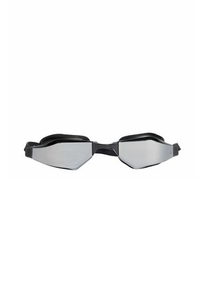 Elegantes gafas de natación negras con lentes angulares y espejados, y correas laterales ajustables para un ajuste seguro.