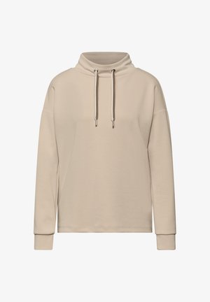 Beige trui gemaakt van zachte stof, met een hoge kraag, verstelbare trekkoorden en lange mouwen met geribbelde manchetten.