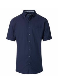 Korte mouwen marineblauw button-up shirt van katoen; heeft een borstzak en een patroon in de kraagvoering voor extra detail.