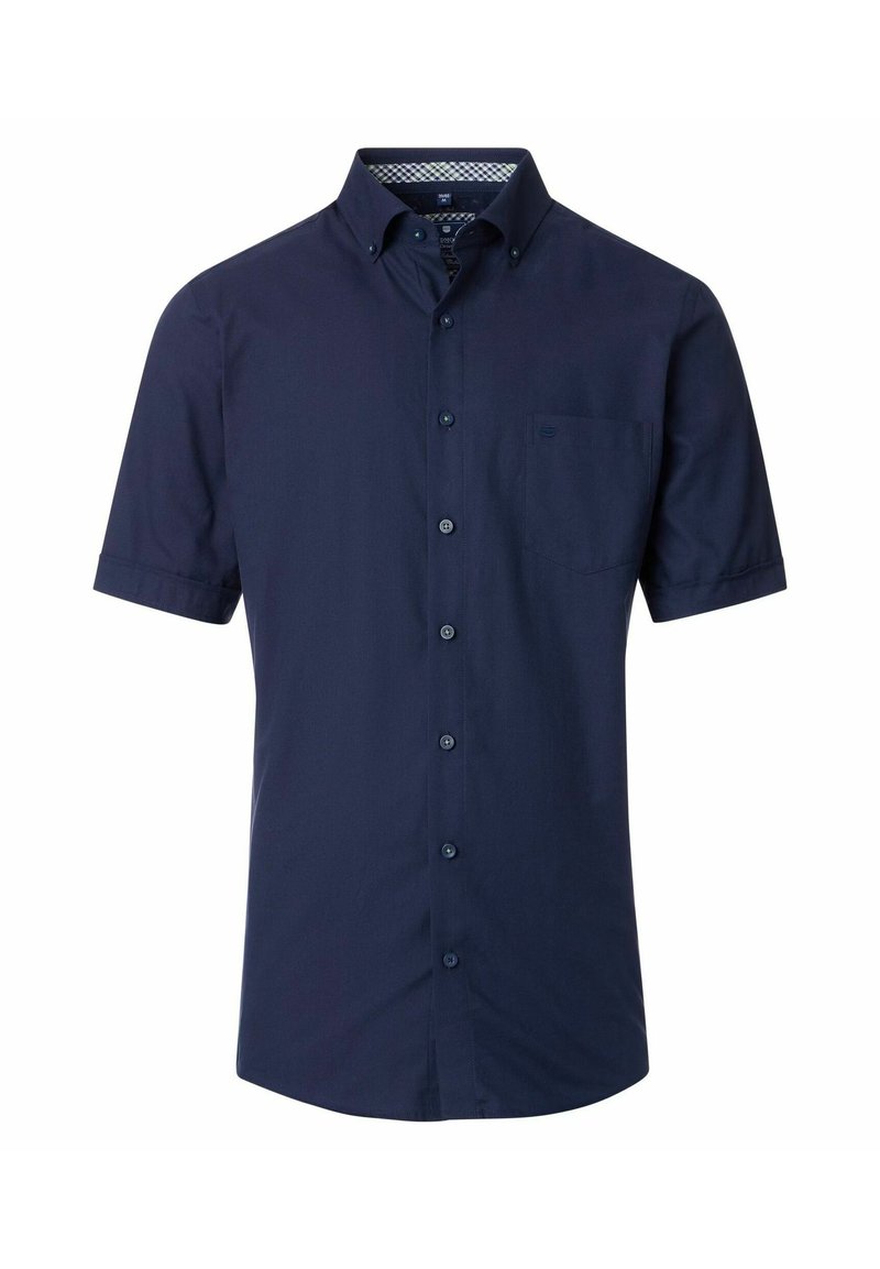 Korte mouwen marineblauw button-up shirt van katoen; heeft een borstzak en een patroon in de kraagvoering voor extra detail.