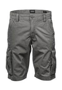 Graue Cargo-Shorts mit Knopfverschluss, mehreren Seitentaschen und einem strukturierten Stoff. Das Etikett lautet "Humy", Größe W32.