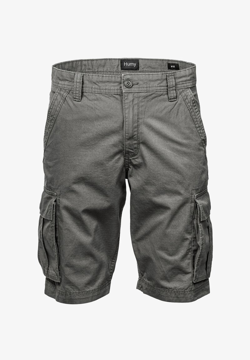 Graue Cargo-Shorts mit Knopfverschluss, mehreren Seitentaschen und einem strukturierten Stoff. Das Etikett lautet "Humy", Größe W32.