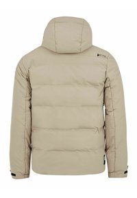 Beige Steppjacke mit Kapuze, ausgestattet mit einem gesteppten Design, elastischen Bündchen und einem Logo auf dem oberen Rücken. Weiche, glatte Textur.