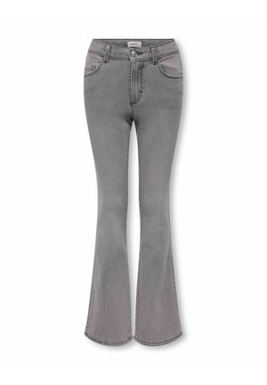 Grå høytlivsvide jeans med knapp og glidelås foran, beltehemper og frontlommer, vist på en hvit bakgrunn.