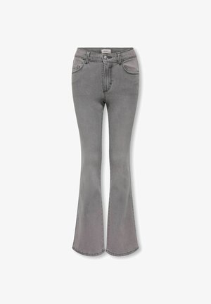 Szürke, magas derekú, bővülő szárú farmer elöl gombbal és zipzárral, övbújtatókkal és elülső zsebekkel, fehér háttéren bemutatva.