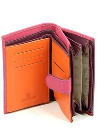 Portemonnee van levendig oranje en roze leer, met meerdere kaartsleuven en een ritsvak. Gestikte details verbeteren de structuur.