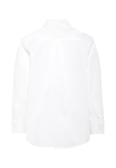 Camicia bianca a maniche lunghe con colletto classico, dettaglio di piega sul retro e polsini con bottone. Texture liscia, vestibilità sartoriale, senza motivi visibili.