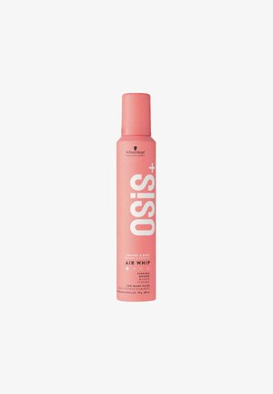 Aérosol rose de forme cylindrique, étiqueté "OSIS+ Air Whip", avec un texte blanc et un capuchon de buse en haut. Capacité de 200 ml.