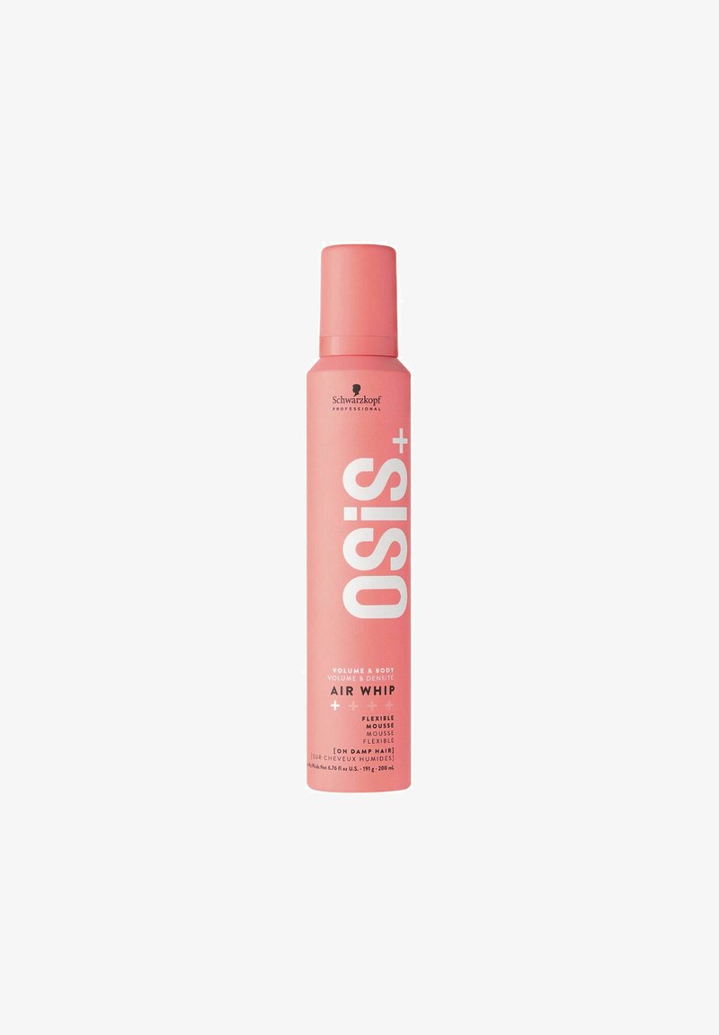 Roze aerosolbus met een cilindrische vorm, gelabeld "OSIS+ Air Whip," met witte tekst en een spuitdop bovenop. Capaciteit van 200 ml.