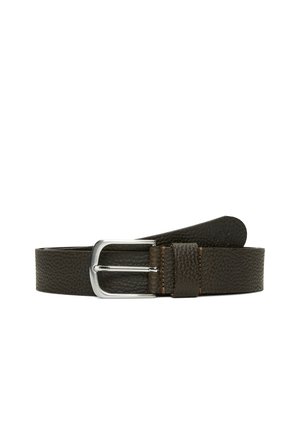 Dark brown leather belt with a textured finish, featuring a silver metal buckle and stitched accents. Ends are rounded and tapering.
