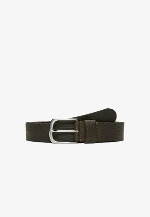 Dark brown leather belt with a textured finish, featuring a silver metal buckle and stitched accents. Ends are rounded and tapering.
