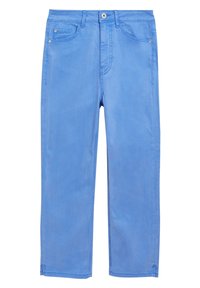 Pantalones de denim azul claro con corte recto, que cuentan con cinco bolsillos, un cierre de botón y detalles de costura en las costuras.