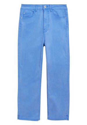 Pantalon en denim bleu clair avec une coupe droite, doté de cinq poches, d'une fermeture à bouton et de détails de couture sur les coutures.