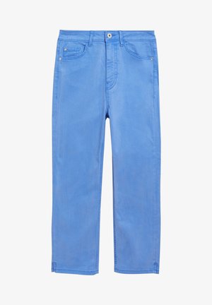 Jasnoniebieskie dżinsy o prostym kroju, z pięcioma kieszeniami, z zapięciem na guzik i detalami przeszyć na szwach.