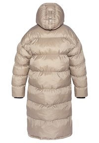 Pardesi palton puf cu glugă, cu o construcție matlasată, mâneci lungi și un design de lungime medie. Textură netedă și lucioasă.
