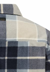 Fleece jacket featuring a blue and cream plaid pattern with varying shades of navy. Includes a collar and stitch detailing.