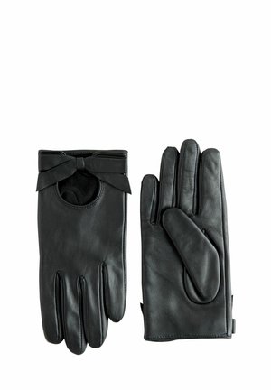 Black leather gloves featuring a bow detail on one glove, with an open cuff on the left and a five-finger design on the right.