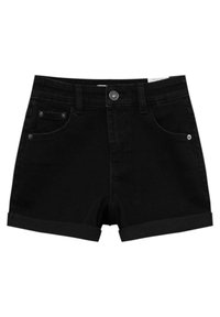 Shorts en jean noir avec ourlet retroussé, design à cinq poches, fermeture par bouton métallique et détails de couture minimalistes. Coupe classique et polyvalente.