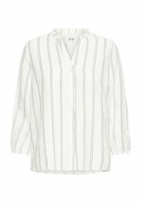 Witte blouse met zwarte verticale strepen, knopenlijst en een V-hals. Beschikt over driekwartmouwen met gatherings aan de manchetten. Gewoven stof.
