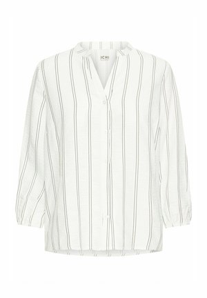 Weiße Bluse mit schwarzen vertikalen Streifen, Knopfleiste und V-Ausschnitt. Verfügt über Ärmel mit drei Viertel Länge und gerafften Manschetten. Strukturierter Stoff.