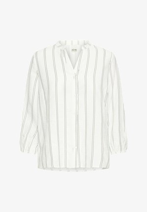 Blouse blanche avec des rayures verticales noires, fermeture à boutons à l'avant et décolleté en V. Dotée de manches trois-quarts avec des poignets froncés. Tissu texturé.