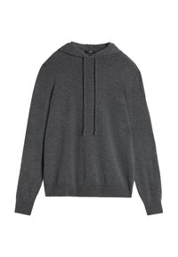 Graue Kapuzenjacke aus weichmütigem Stoff, ausgestattet mit einer Vordertasche im Känguru-Stil und einer Kapuze mit Kordelzug. Glatte Textur mit gerippten Bündchen und Saum.