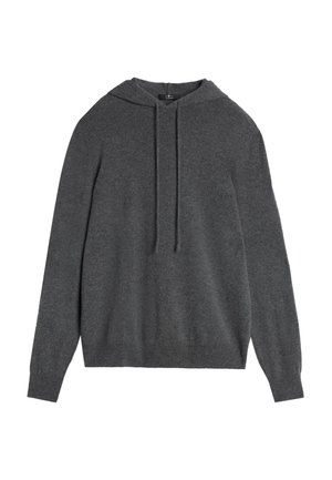 Graue Kapuzenjacke aus weichmütigem Stoff, ausgestattet mit einer Vordertasche im Känguru-Stil und einer Kapuze mit Kordelzug. Glatte Textur mit gerippten Bündchen und Saum.