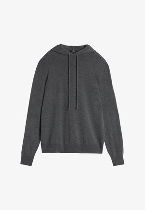 Gray hoodie made from soft fabric, featuring a front kangaroo pocket and drawstring hood. Smooth texture with ribbed cuffs and hem.