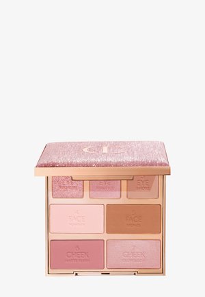 Palette mit einem strukturierten, rosa Deckel mit geprägtem Logo. Enthält sechs Puderfarben, die für Gesicht und Wangen gekennzeichnet sind, einschließlich matter und schimmernder Finish.