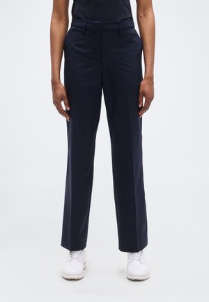 Pantaloni bleumarin cu design drept, având o textură netedă și bucle pentru curea. Pantalonii au o față curată, fără modele vizibile.