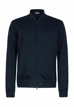 Marineblaue Bomberjacke mit Frontreißverschluss, elastischen Bündchen und Taillenbund, ausgestattet mit Stehkragen und minimalistischem Design.