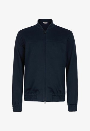 Veste bomber bleu marine avec fermeture éclair frontale, poignets et taille élastiques, dotée d'un col montant et d'un design minimaliste.