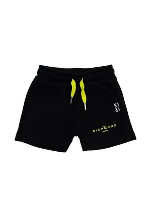 Pantaloni corti neri con una texture morbida, dotati di laccetti giallo fluo e dettagli con logo. Inclusi due taschini laterali.
