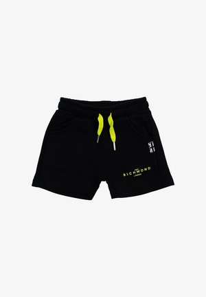 Pantaloni corti neri con una texture morbida, dotati di laccetti giallo fluo e dettagli con logo. Inclusi due taschini laterali.