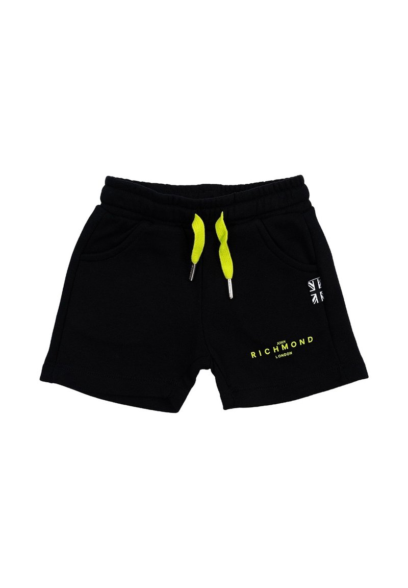 Pantaloni corti neri con una texture morbida, dotati di laccetti giallo fluo e dettagli con logo. Inclusi due taschini laterali.