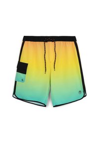 Herren Badehose mit einem Farbverlauf von Gelb nach Teal, elastischem Bund mit Kordelzug, schwarzen Akzenten und einer seitlichen Tasche.