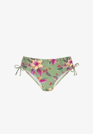 Groene bikinibroek met een roze en gele bloemenpatroon, gerimpelde zijkanten en verstelbare koordjes. Glad materiaal met een ontwerp met minimale bedekking.