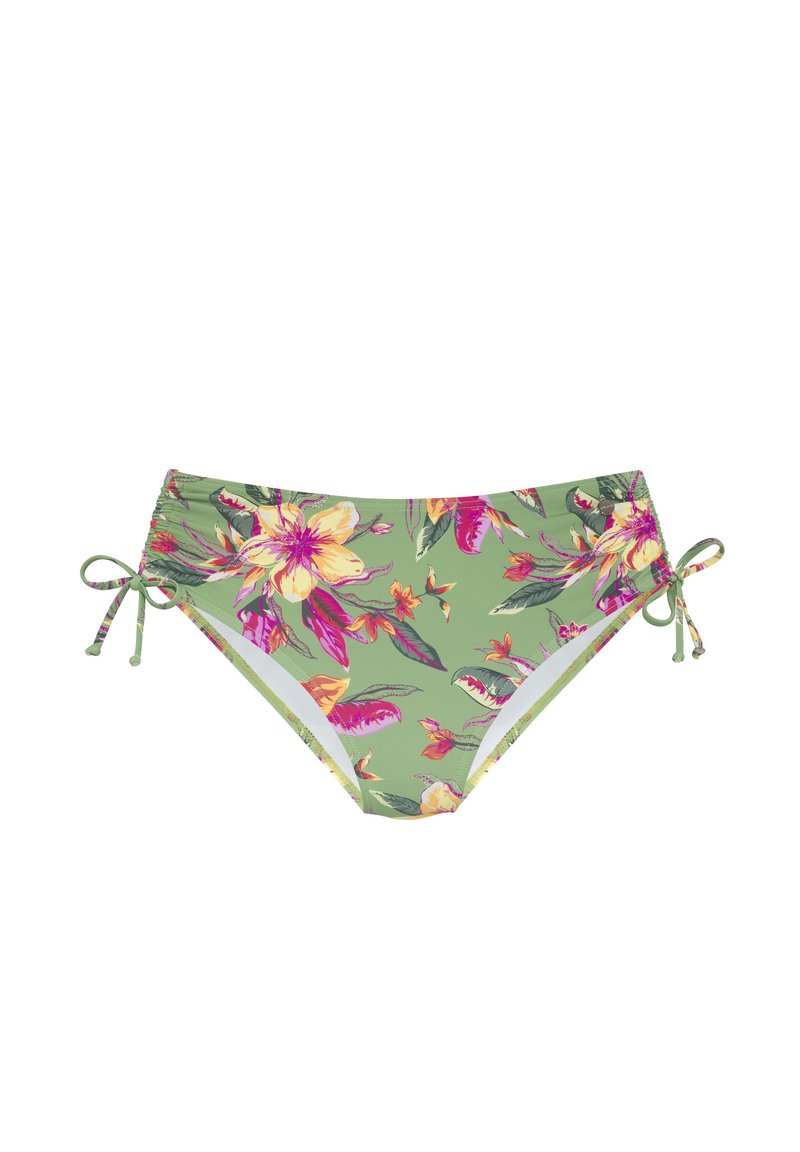 Bas de bikini vert avec un motif floral rose et jaune, côtés froncés et liens ajustables. Texture lisse avec un design à couverture minimale.