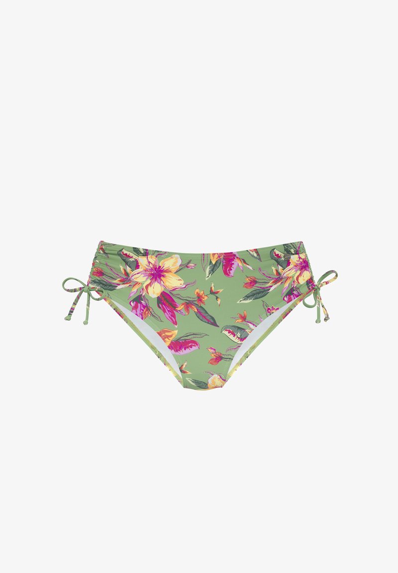 Bas de bikini vert avec un motif floral rose et jaune, côtés froncés et liens ajustables. Texture lisse avec un design à couverture minimale.