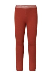 Czerwone legginsy z miękkiego materiału, o dopasowanym kroju i kontrastującym, błyszczącym różowym pasku w talii dla dodatkowego akcentu.